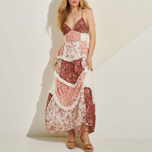 Damen Maxikleid mit zarten Rüschen und floralen Patchwork-Design Drune