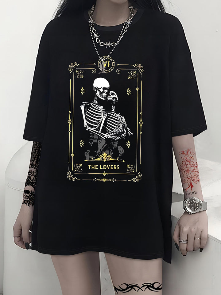 Damen T-Shirt mit künstlerischem Skelettmotiv und einzigartigem Druck Drune