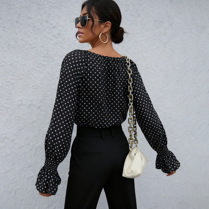Damen Chiffonbluse mit Polka-Dots, BindDruneand-Ausschnitt und smockgesmokten Manschetten Drune