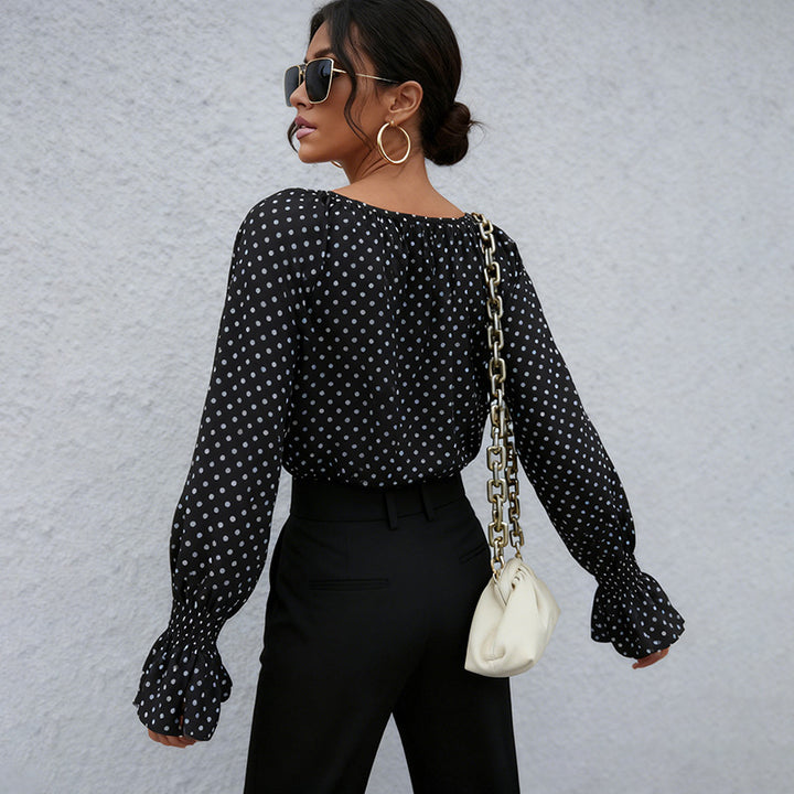 Damen Chiffonbluse mit Polka-Dots, BindDruneand-Ausschnitt und smockgesmokten Manschetten Drune