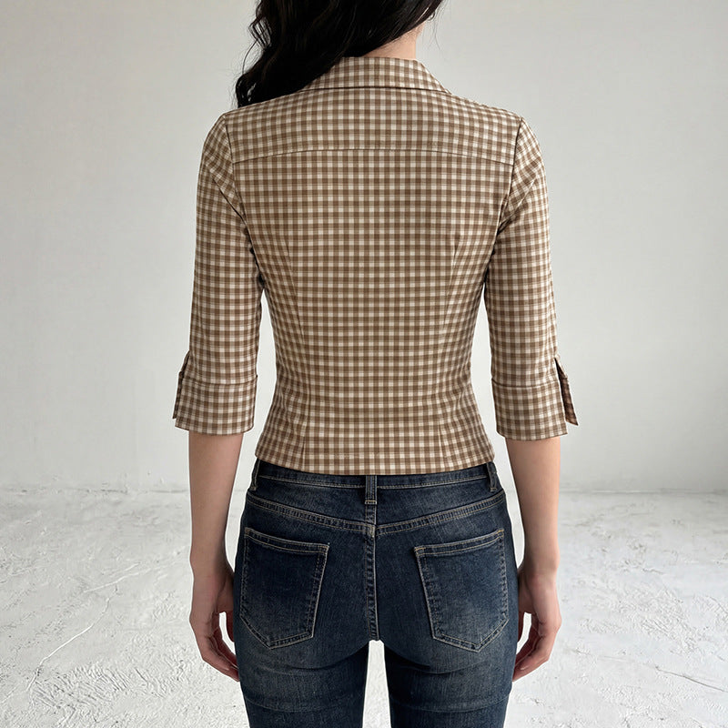 Damen nan taillierte Dreiviertelarm Karobluse mit Brustpattentaschen und Hemdkragen Drune