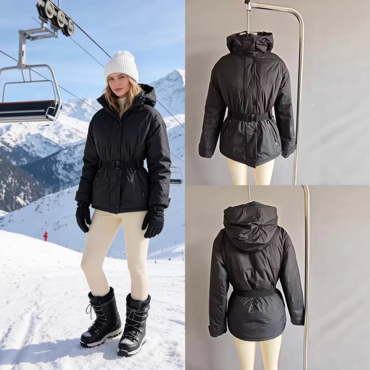 Damen Hochfunktionale Daunenoptik-Skijacke mit Taillengürtel und Kapuze Drune