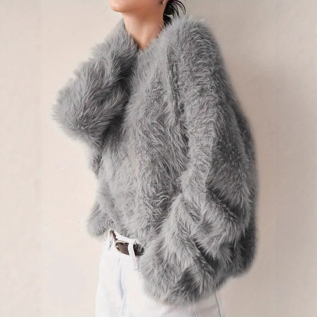 Damen Lang geschnittener Kuschel-Feinstrickpullover mit weichem Flormix, Rundhalsausschnitt und legerer Silhouette Drune