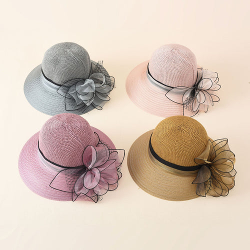 Damen eleganter Sonnenhut mit feiner Schleifenverzierung und breiter Krempe Drune