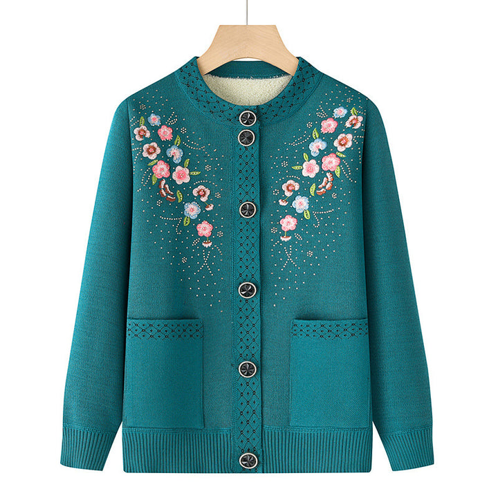 Damen nan bestickte Strickjacke mit Rundhals, aufgesetzten Taschen und dekorativer Knopfleiste Drune