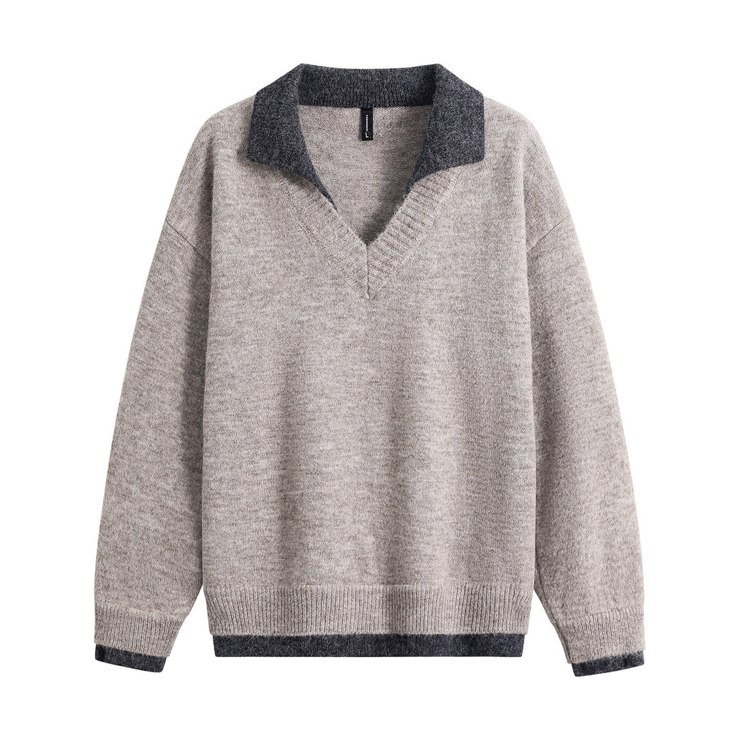 Herren Oversize-Pullover mit kontrastierendem Kragen, V‑Ausschnitt und weichem Fleeceinnenfutter Drune