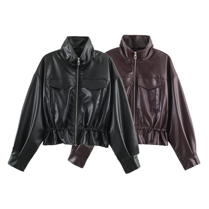 Damen Oversize Blousonjacke aus veganem Leder mit hohem Stehkragen und Kordelzugtaillierung Drune