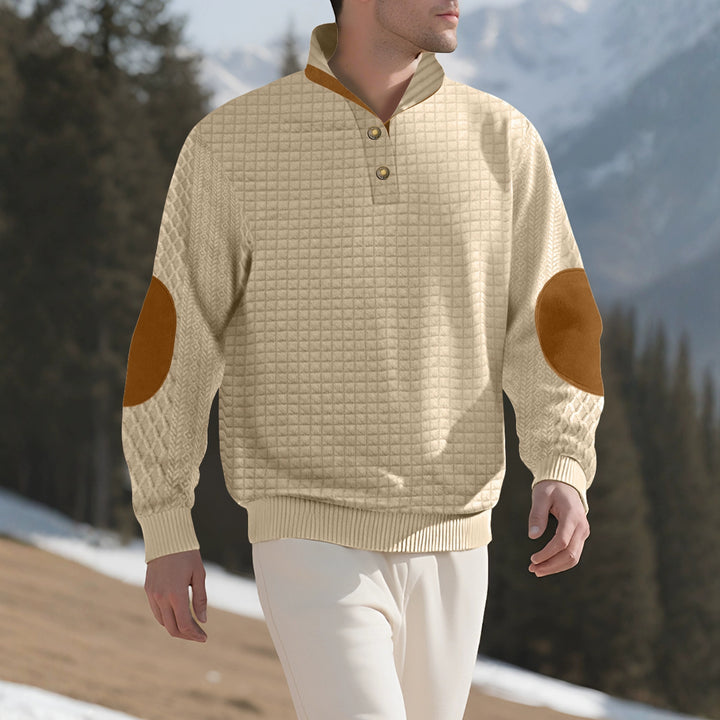 Herren nan kariertes Stepp-Sweatshirt mit Henley-Blende hohem Stehkragen und Velours-Ellenbogenpatch Drune