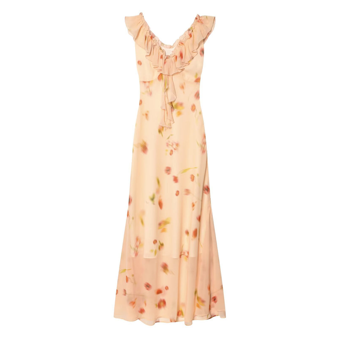 Damen Maxikleid mit romantischem Volant und floralen Akzenten Drune