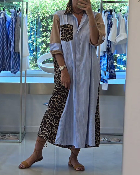 Damen nan Hemdblusenkleid im Printmix mit Leoprint-Seiteneinsätzen, Nadelstreifen-Passe und aufkrempelbaren Ärmeln Drune