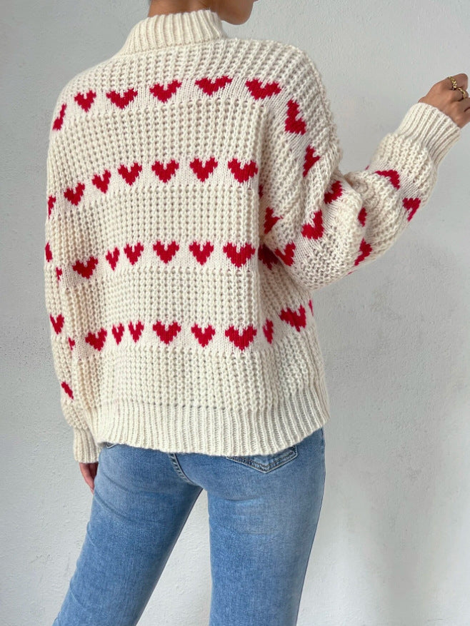 Drune Halb Hochkragen Locker Passform Liebesherz Jacquard Strickpullover