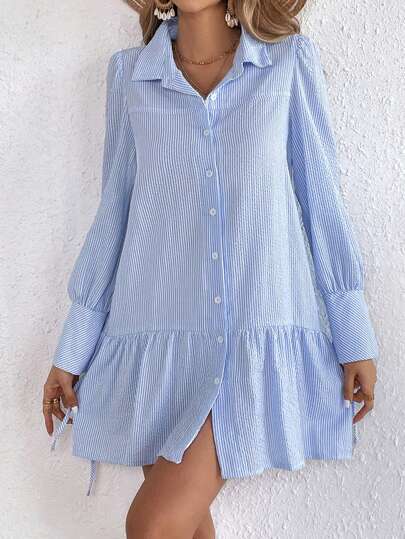 Damen Lockeres Hemdkleid mit Feinen Streifen, Volantsaum und Manschetten Drune