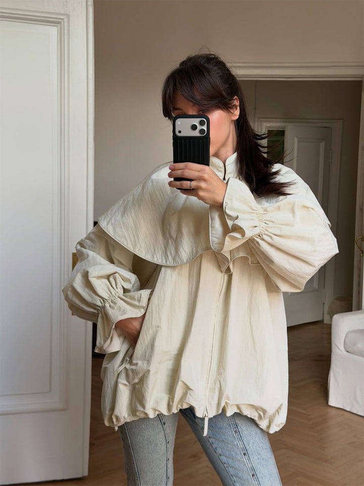 Damen Oversize-Jacke mit Cape-Kragen, Ballonärmeln und Kordelzug Drune