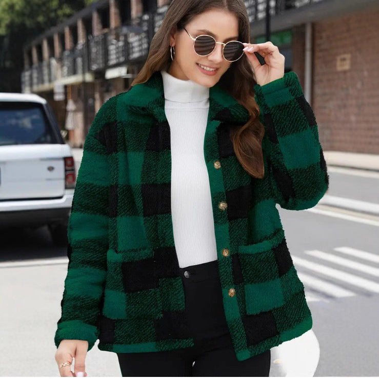 Damen nan gefütterte Karo Teddy-Fleece Shacket mit Knopfleiste und aufgesetzten Taschen Drune