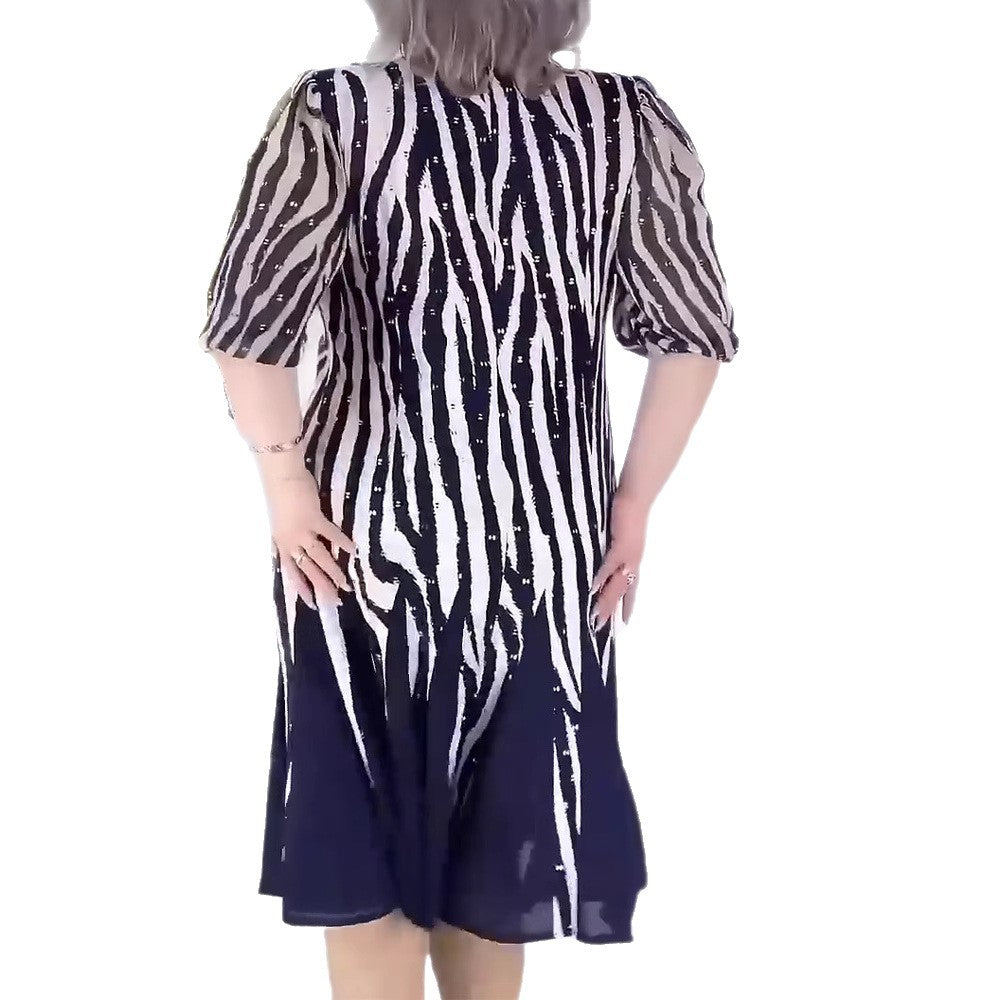 Damen nan tailliertes Midikleid mit grafischem Animalmuster, transparenten Puffärmeln und schwingendem Faltenrock Drune