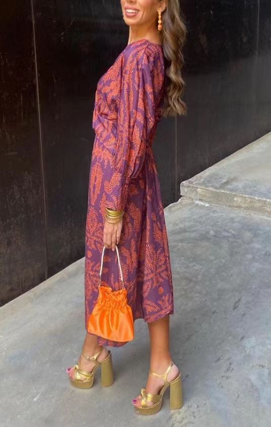 Damen gemustertes Midikleid mit Knotenfront, V-Ausschnitt und langen Ärmeln Drune