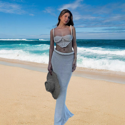 Damen Set aus gehäkeltem Crop-Top und Bleistiftrock Drune