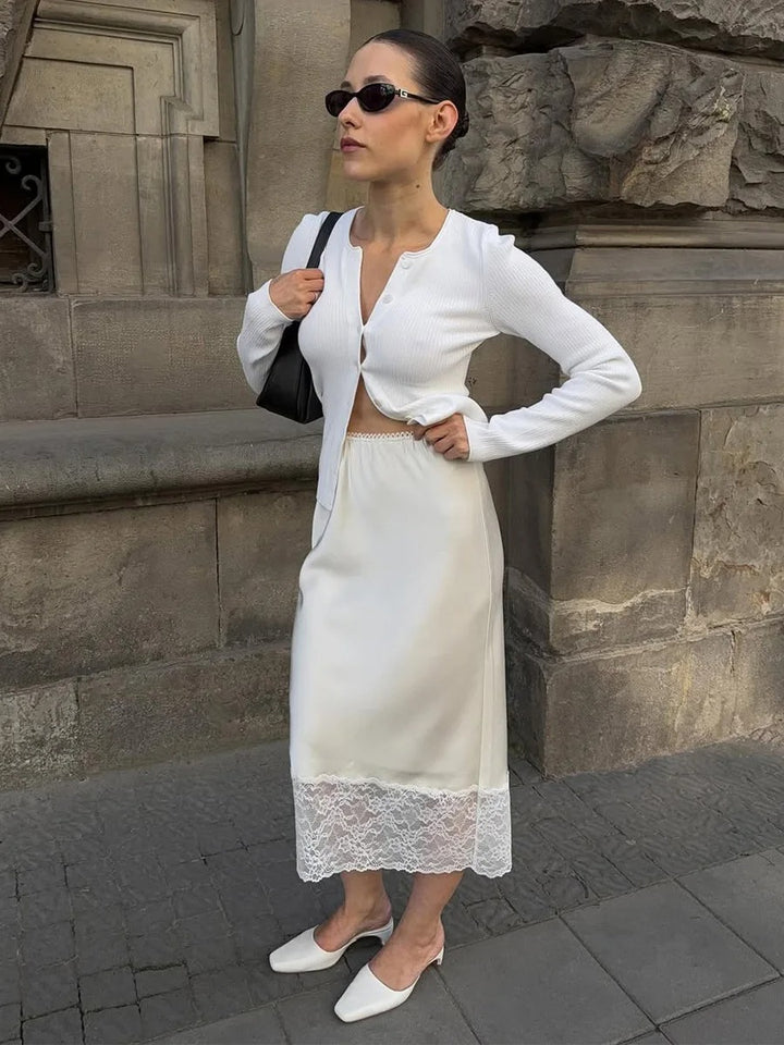 Damen eleganter Satin-Rock mit floralen Spitzenakzenten Drune