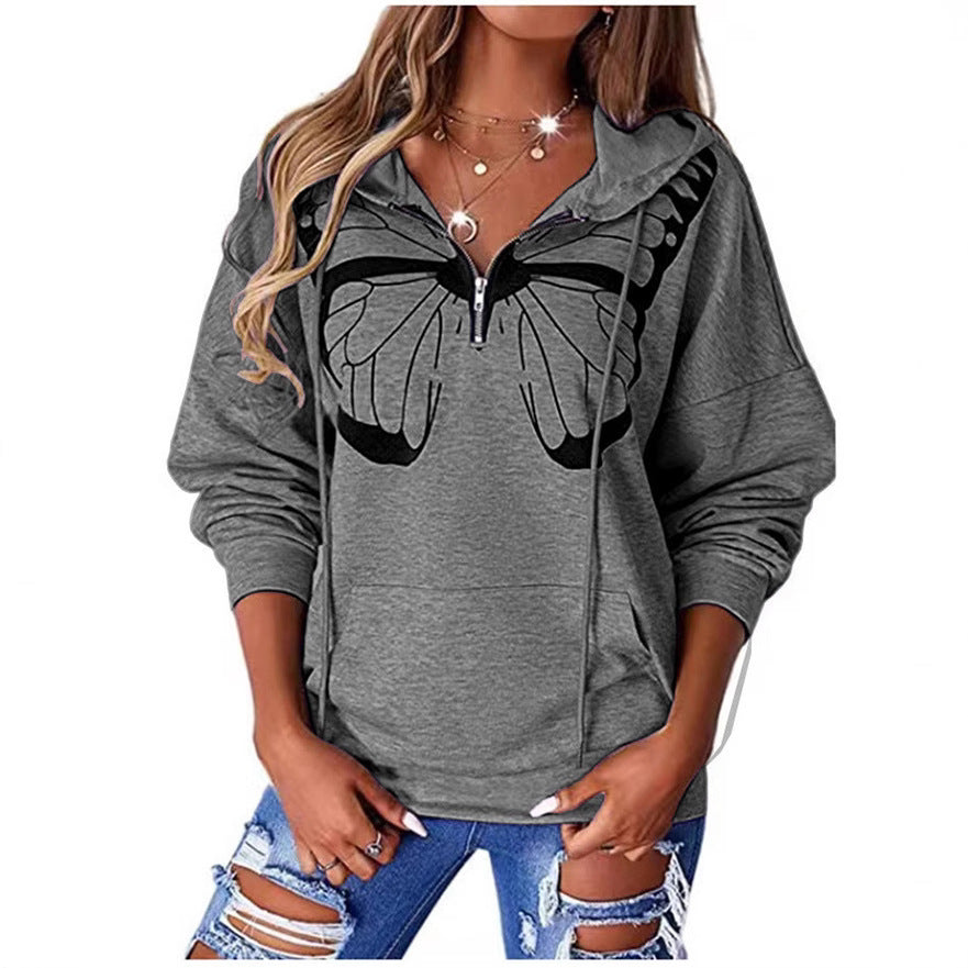 Damen Kapuzenpullover mit halbhohem Reißverschluss und Schmetterlingsprint Drune