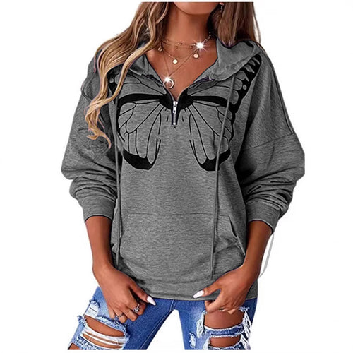Damen Kapuzenpullover mit halbhohem Reißverschluss und Schmetterlingsprint Drune