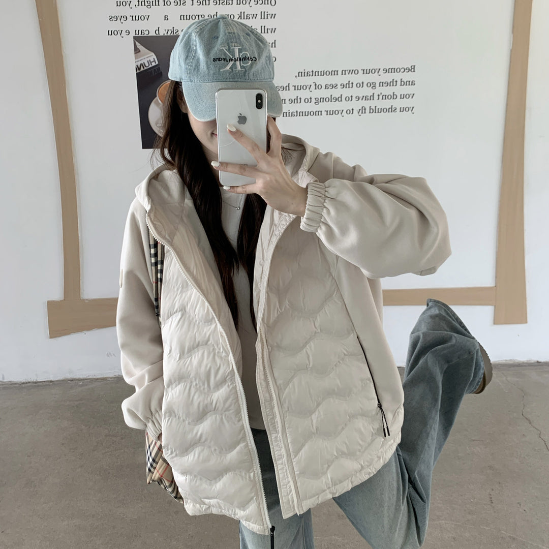 Damen Modische gesteppte Hybridjacke mit Kapuze und praktischen Taschen Drune