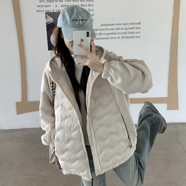 Damen Modische gesteppte Hybridjacke mit Kapuze und praktischen Taschen Drune