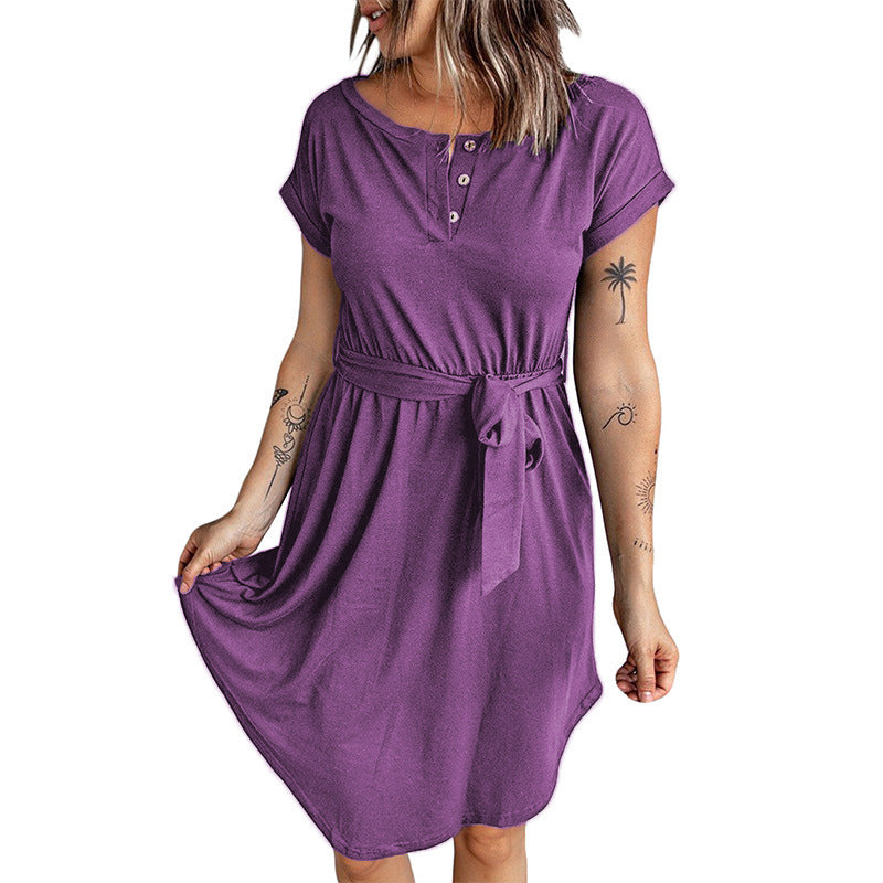 Damen Lockeres Kleid mit Knopfleiste und Taillengürtel Drune