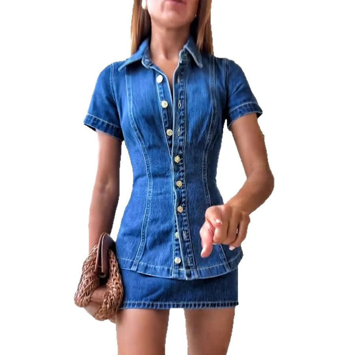 Damen Jeanskleid mit knöpfbarem Kragen und eng anliegendem Rock Drune