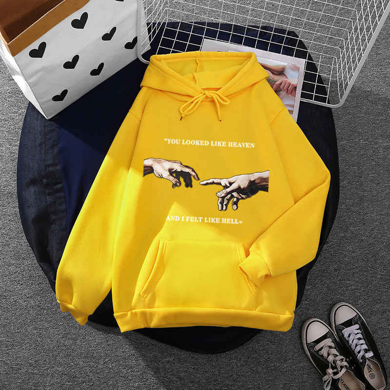 Damen nan Oversize Kapuzenpullover mit Kängurutasche und Renaissance‑Handmotiv, weiches Fleece Innenfutter Drune