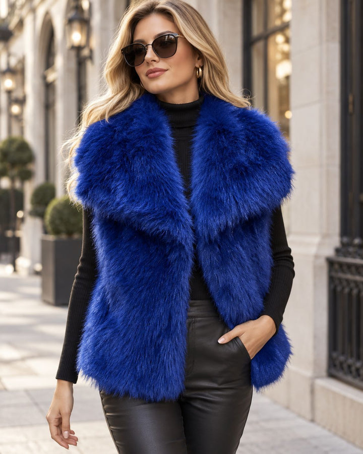 Damen Ärmellose Luxus‑Faux‑Fur‑Weste mit extraweichem Langflor und übergroßem Schalkragen Drune