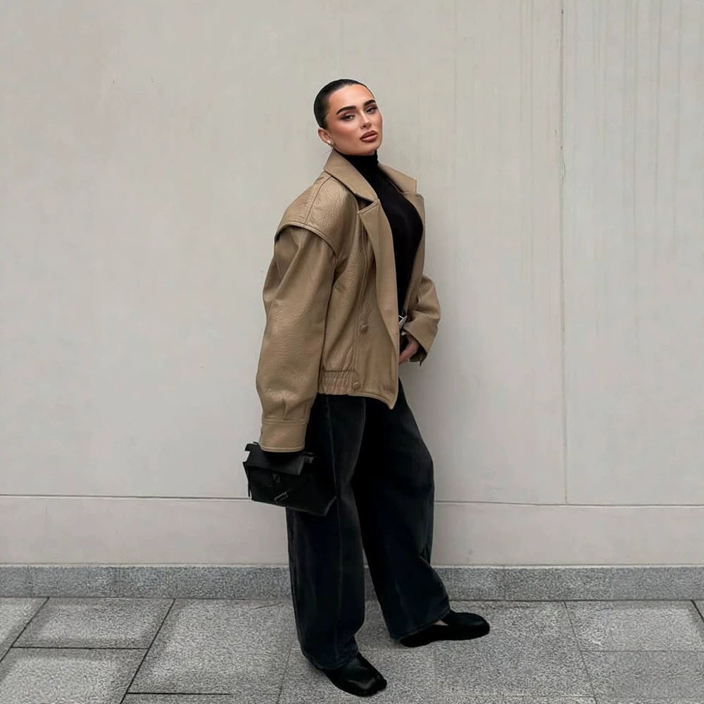 Damen Oversize-Lederimitat-Bomberjacke mit Boxy-Schnitt und weitem Revers Drune