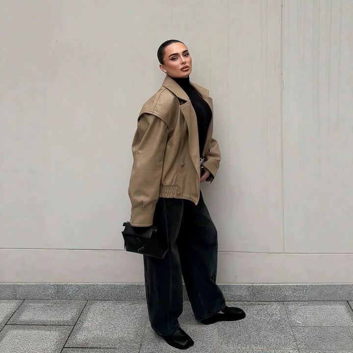 Damen Oversize-Lederimitat-Bomberjacke mit Boxy-Schnitt und weitem Revers Drune