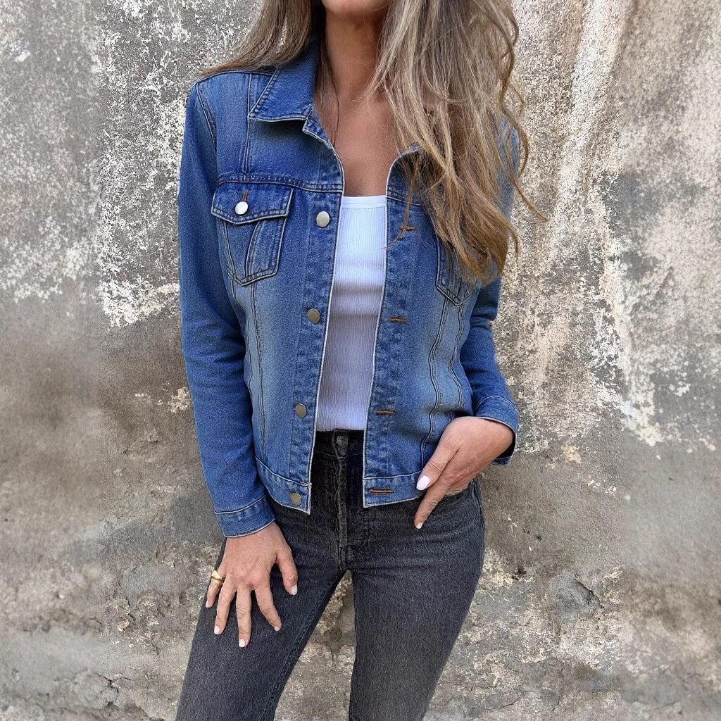 Damen Denimjacke im klassischen Schnitt mit modischen Knöpfen und stylischen Taschen Drune