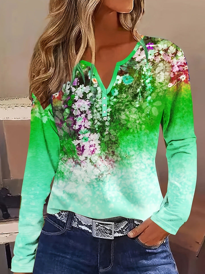 Damen Blütenmuster Langarmshirt mit Knopfleiste Drune