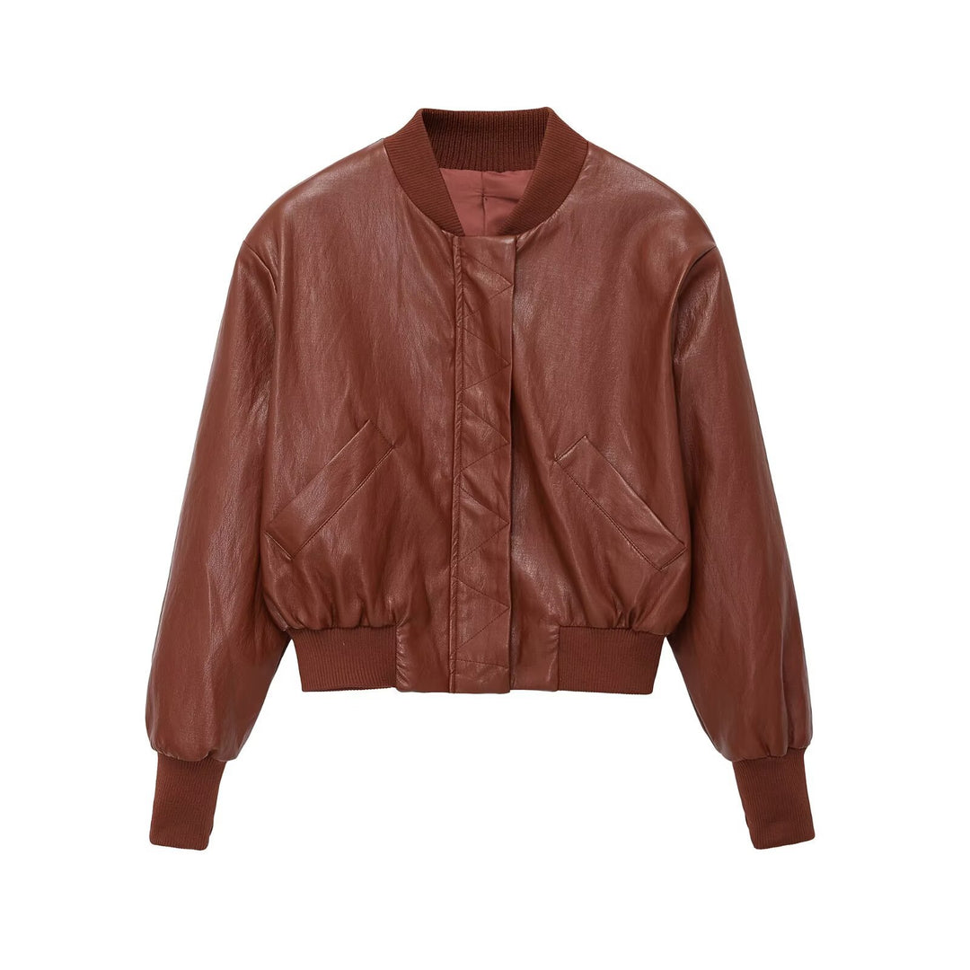 Damen Oversized Lederimitat-Bomberjacke mit Rippbündchen und aufgesetzten Taschen Drune