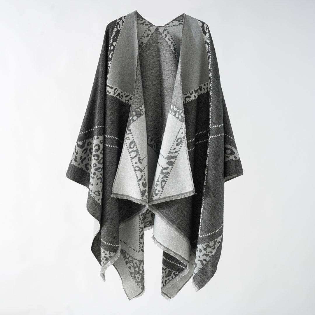 Damen Großer Double-Face Jacquard-Umhang mit Animal-Patch und feinem Fransensaum Drune