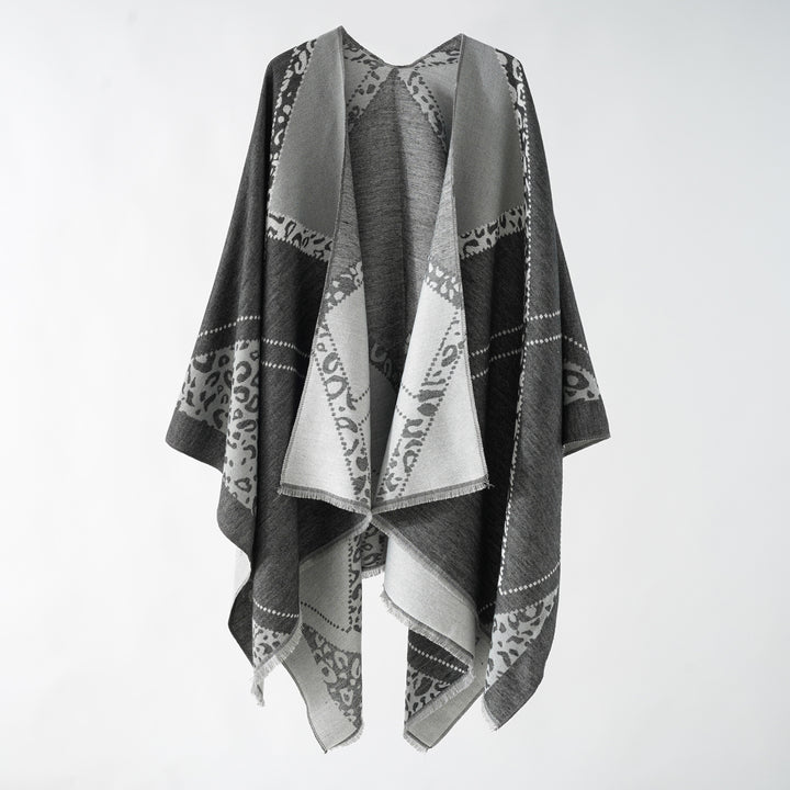 Damen Großer Double-Face Jacquard-Umhang mit Animal-Patch und feinem Fransensaum Drune