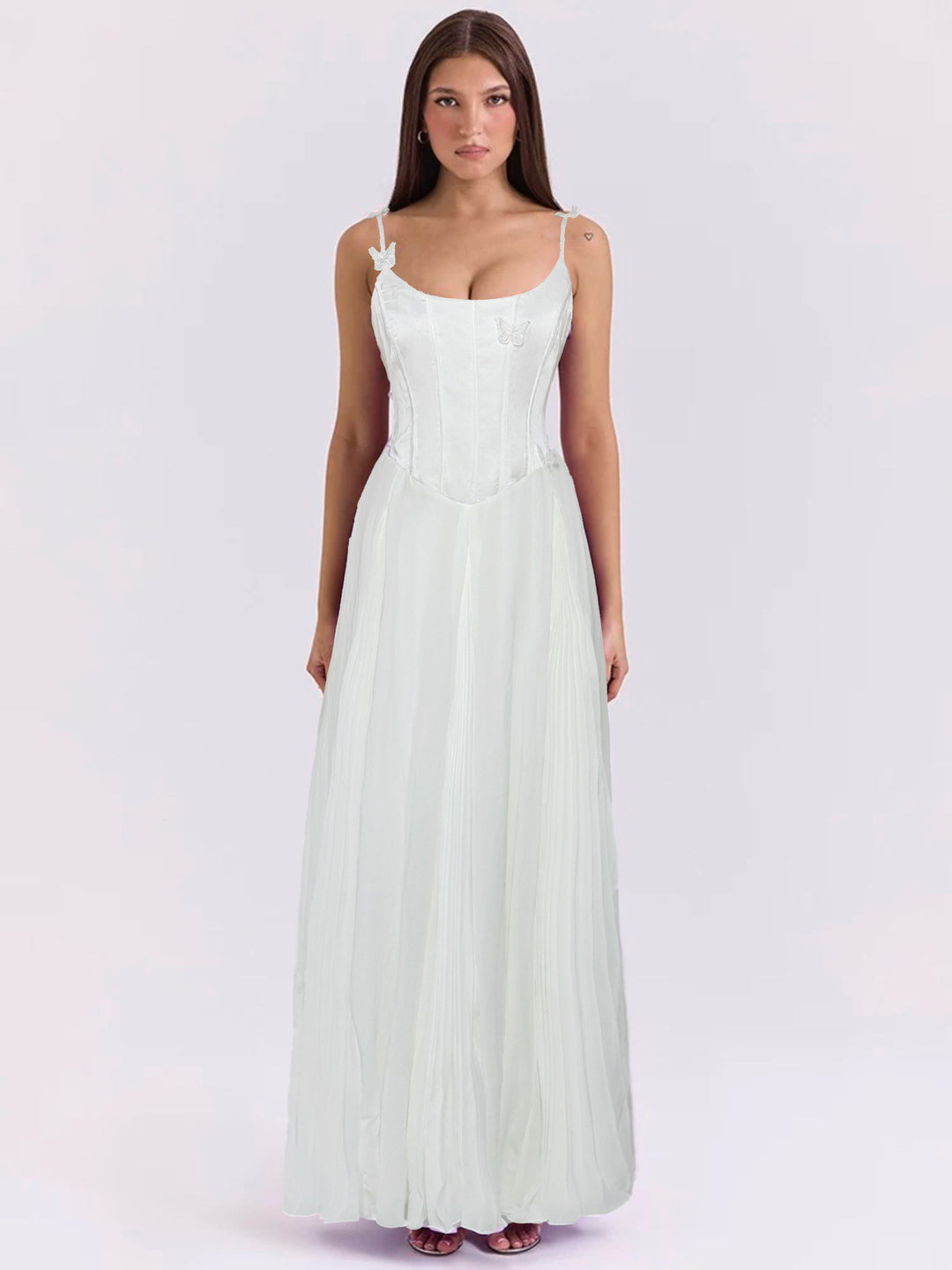 Damen nan figurbetontes Korsett-Maxikleid mit Schmetterlings-Trägern und plissiertem Chiffonrock Drune