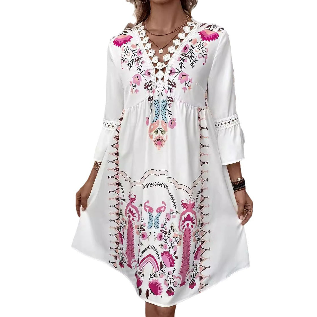 Damen Boho-Kleid mit Stickerei, Häkel-V-Ausschnitt und ausgestellter A-Linie Drune