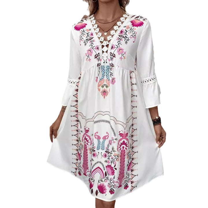 Damen Boho-Kleid mit Stickerei, Häkel-V-Ausschnitt und ausgestellter A-Linie Drune
