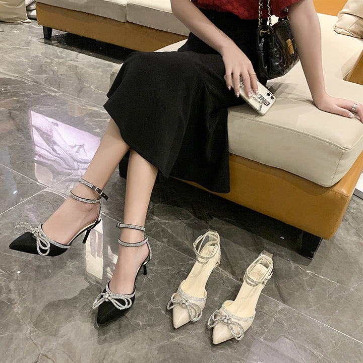 Damen nan spitze Riemchen-Pumps mit funkelnder Strass-Schleifenapplikation und verstellbarem Knöchelriemen Drune
