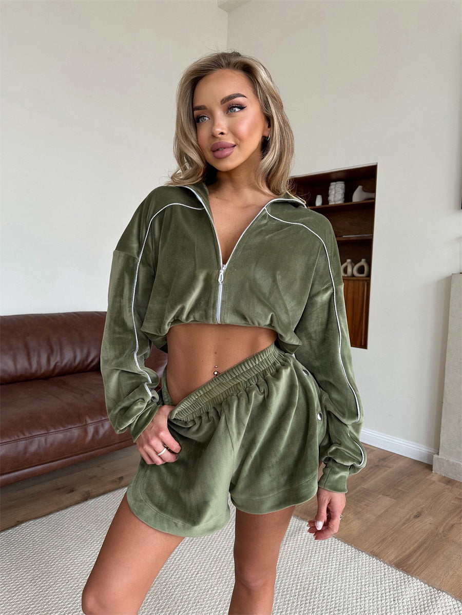 Damen Cropped Velours-Set mit Reißverschluss und elastischem Bund Drune