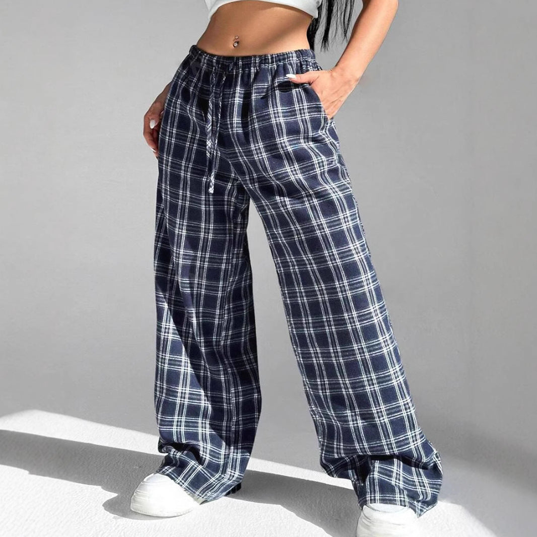 Damen Weite Karo Freizeithose mit elastischem Bund und Kordelzug Drune