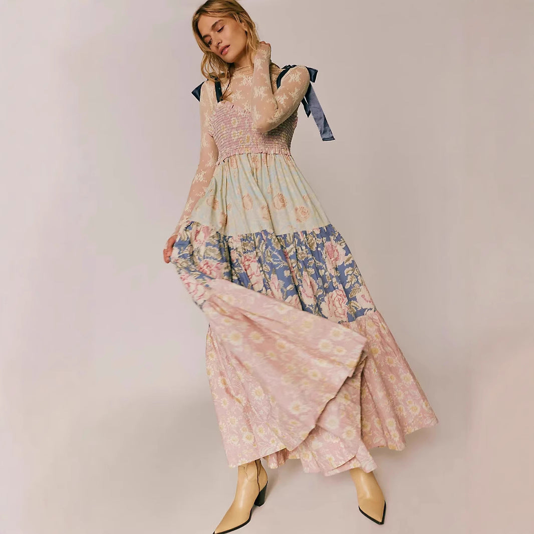 Damen Maxikleid mit floralen Mustern und voluminösem Rock Drune