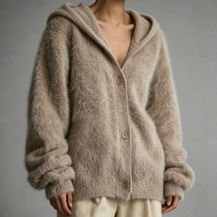 Damen Flauschiger Kapuzen-Cardigan im Mohair-Look mit Knopfleiste Drune
