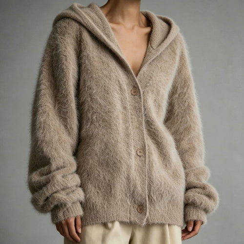 Damen Flauschiger Kapuzen-Cardigan im Mohair-Look mit Knopfleiste Drune