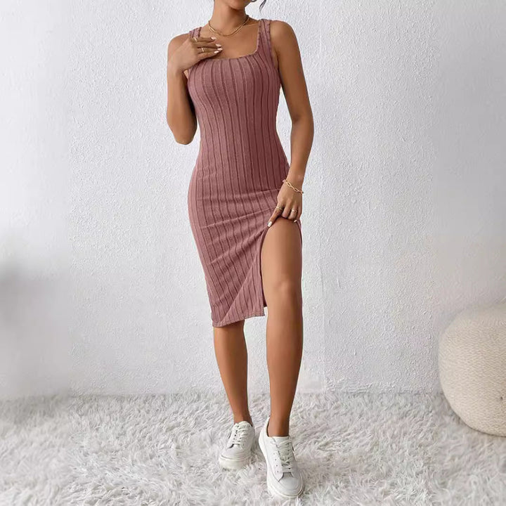 Damen Enganliegendes Ripp-Kleid mit Seitenschlitz und Spaghetti-Trägern Drune