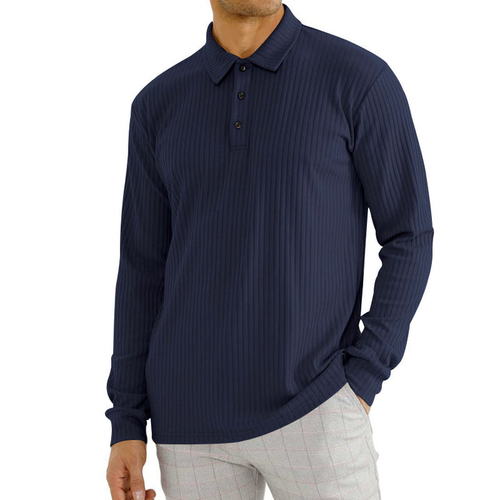 Herren nan geripptes Langarm-Poloshirt mit feiner Rippenstruktur, klassischem Kragen und elastischem Saum Drune