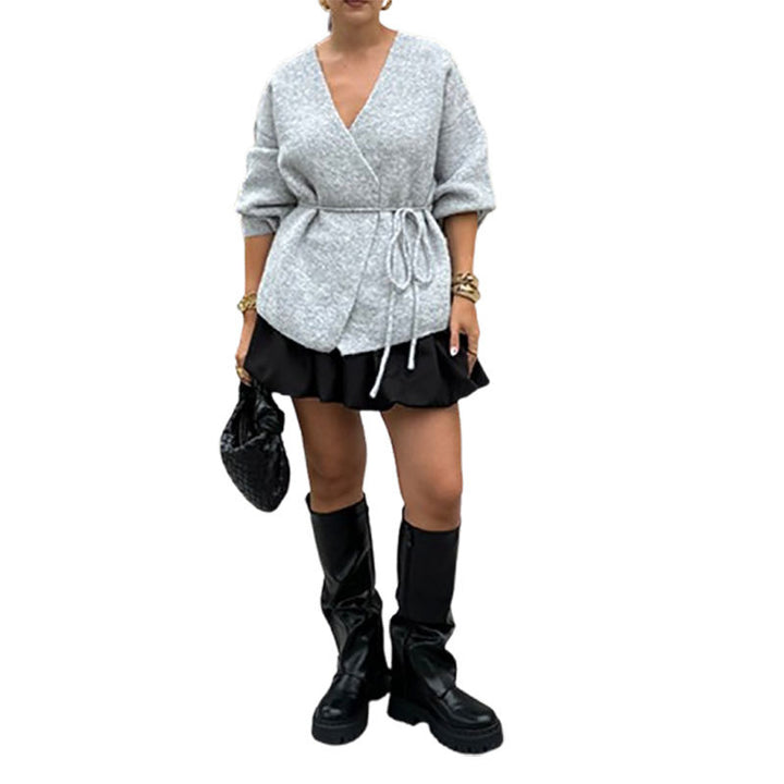 Damen eleganter Wickelstrickmantel mit Gürtel Drune