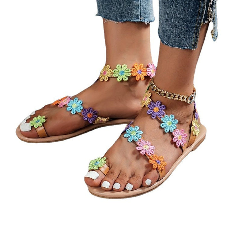Damen Sommer Sandalen mit buntem Blüten-Design und rutschfester Sohle Drune